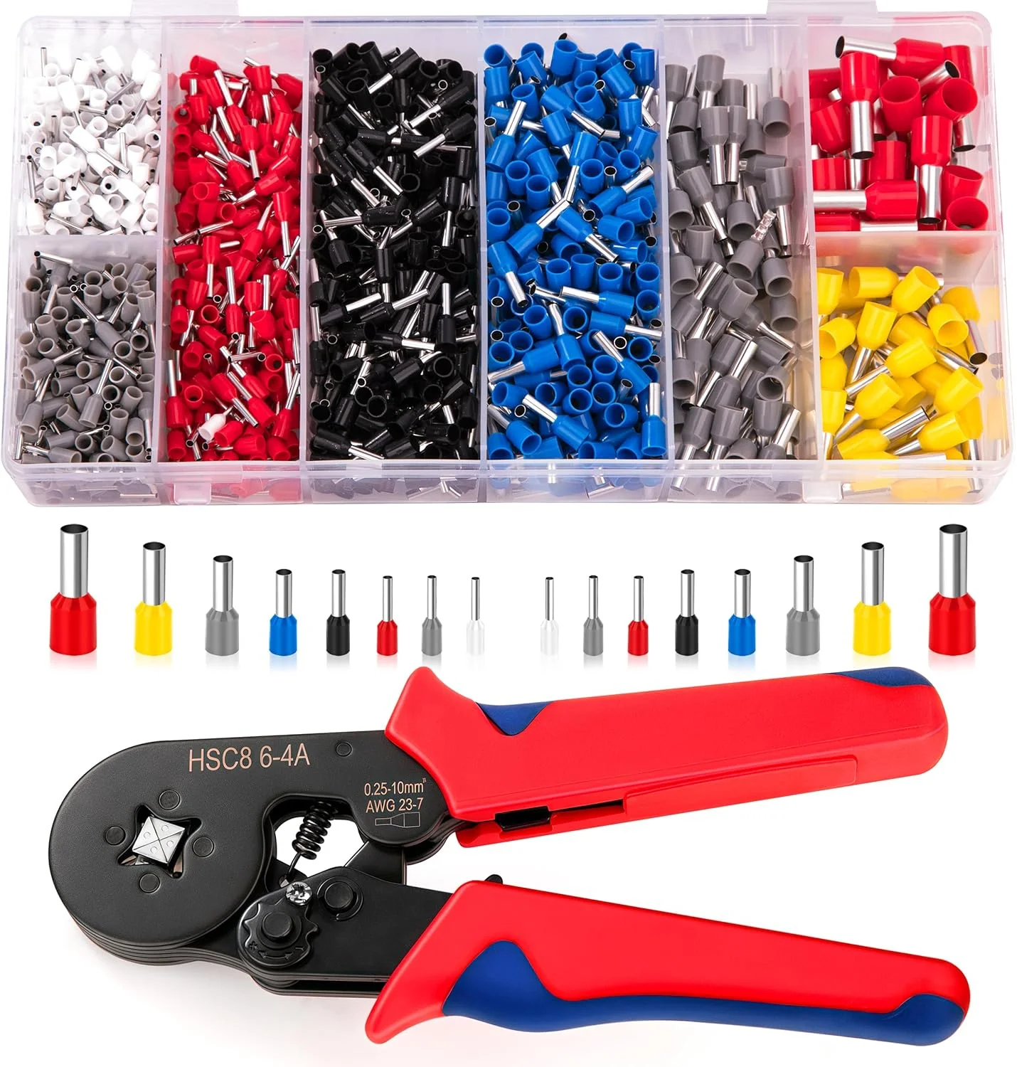 انبر پرس سرسیم وایر اند به همراه 1200 عدد سرسیم، کابلشو، انبر پرس برای اندازه 0.25-10 میلی متر مربع، دسته ارگونومیک، به همراه جعبه پلاستیکی