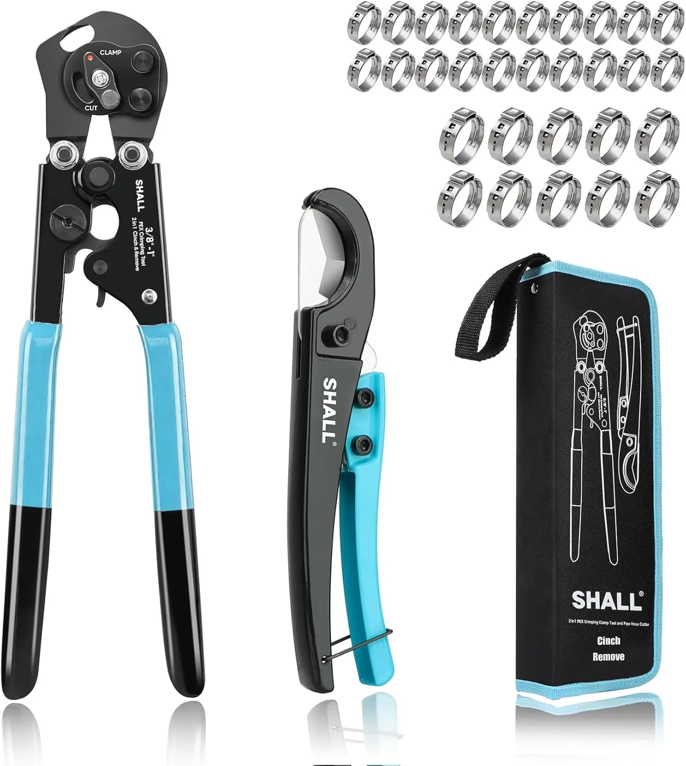 ابزار پرس و جداکننده بست شل 2 در 1 Pex به همراه لوله بر، کیت ابزار پرس اتصالات لوله Pex برای بست های استیل ضد زنگ 3/8 اینچ تا 1 اینچ شامل 20 عدد بست 1/2 اینچ، 10 عدد بست 3/4 اینچ و کیف نگهداری