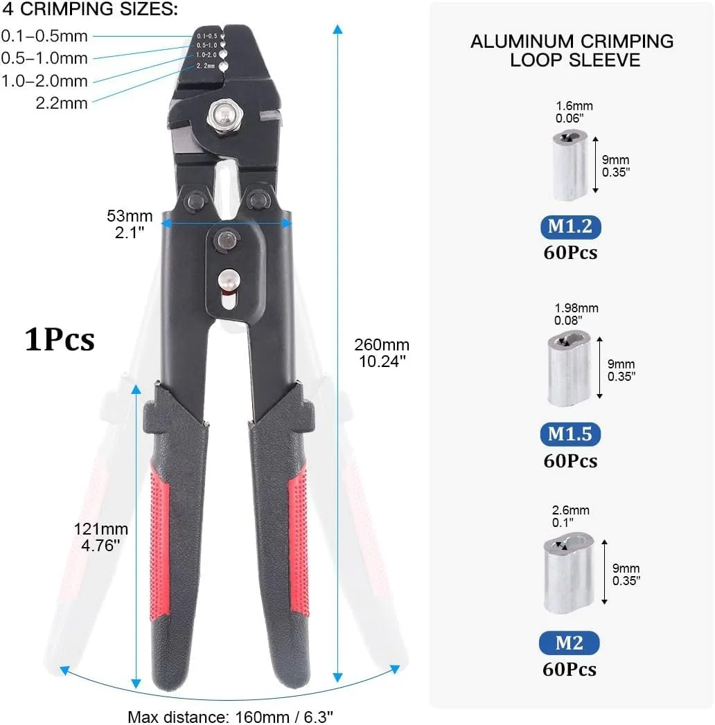 ابزار پرس سیم بکسل تا 2.2 میلی متر به همراه 180 عدد حلقه آلومینیومی دو لول 1.2/1.5/2 میلی متری