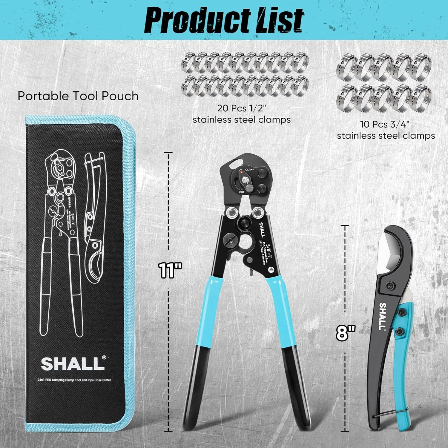 ابزار پرس و جداکننده بست شل 2 در 1 Pex به همراه لوله بر، کیت ابزار پرس اتصالات لوله Pex برای بست های استیل ضد زنگ 3/8 اینچ تا 1 اینچ شامل 20 عدد بست 1/2 اینچ، 10 عدد بست 3/4 اینچ و کیف نگهداری