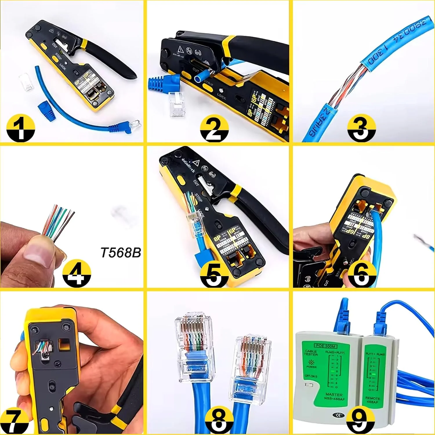 ست ابزار پرس RJ45 همه کاره، ابزار پرس اترنت، ابزار پرس 8P/RJ-45، ابزار برش و لخت کن سیم با 50 عدد کانکتور Cat6، تستر کابل شبکه، سیم لخت کن، تیغه سیم چین