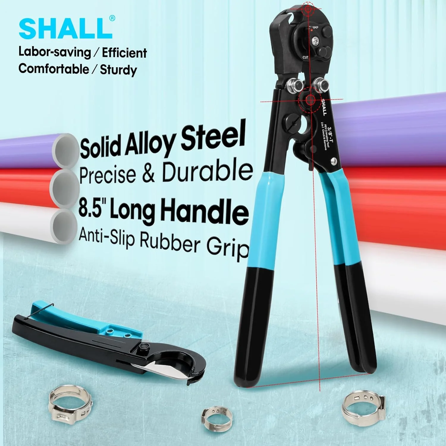 ابزار پرس و جداکننده بست شل 2 در 1 Pex به همراه لوله بر، کیت ابزار پرس اتصالات لوله Pex برای بست های استیل ضد زنگ 3/8 اینچ تا 1 اینچ شامل 20 عدد بست 1/2 اینچ، 10 عدد بست 3/4 اینچ و کیف نگهداری