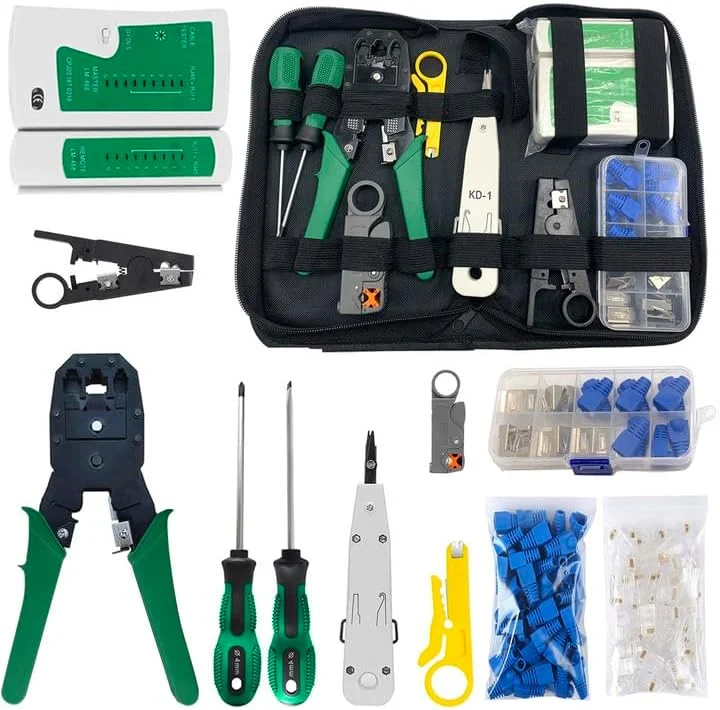 مجموعه ابزار پرس کابل برای RJ11/RJ12/RJ45/CAT5/CAT6/Cat5e، ابزار تعمیر شبکه تستر کابل لن نگهداری کامپیوتر حرفه ای، پرس کابل قابل حمل، سیم لخت کن، 50 عدد سر کریستالی و کیف بسته بندی