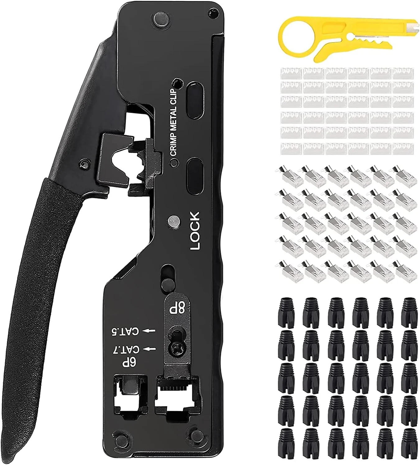 ست ابزار پرس شبکه DKURVE® RJ45، ابزار پرس شبکه، سیم لخت کن، کابل پرس با دوشاخه های RJ45 و سیم چین برای Cat5 Cat6 Cat6a Cat7 RJ45 RJ11