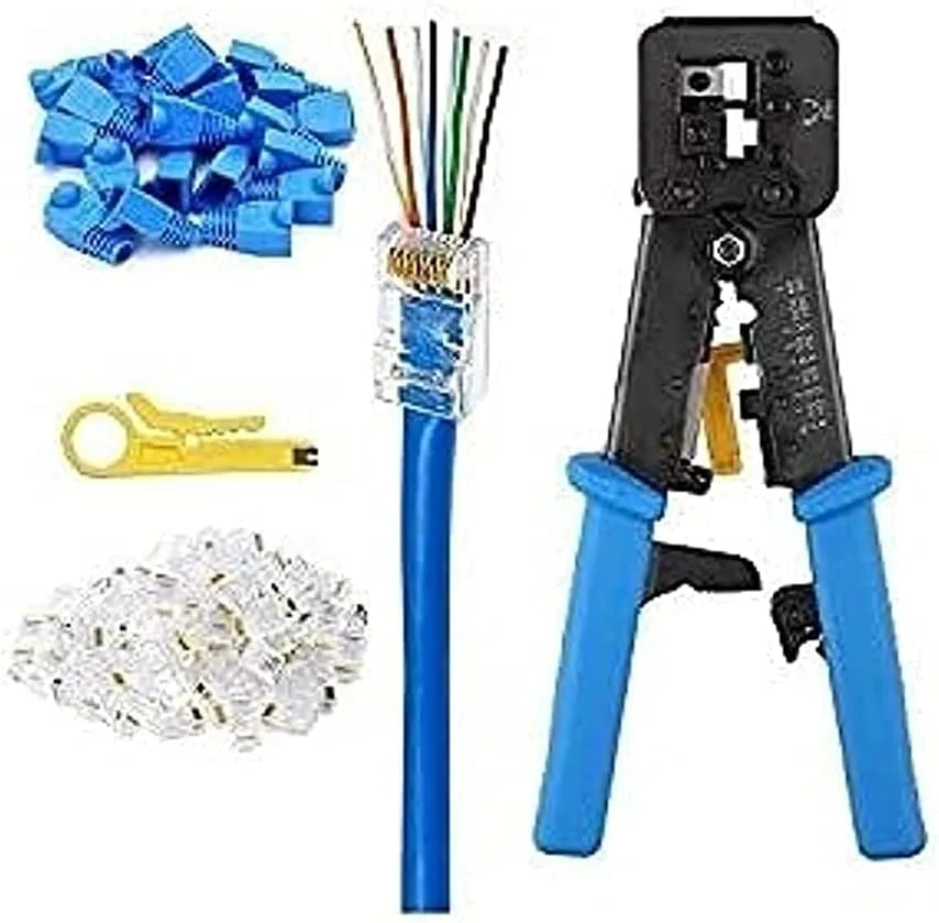 ابزار پرس DKURVE™ EZ RJ45 برای اتصال کابل شبکه Cat5 Cat5e Cat6 به همراه 50 عدد کانکتور، 50 عدد روکش و سیم لخت کن کوچک