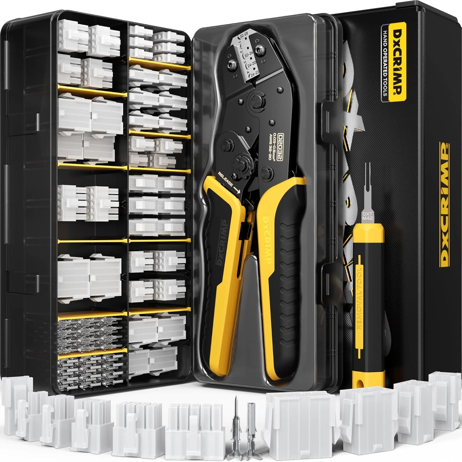 ست ابزار پرس DxCRIMP Mini-Fit Jr به همراه 12 نوع کانکتور 2 تا 10 پین Molex 4.2mm، سایز سیم 18-26 AWG به همراه ابزار جداکننده، ابزار پرس (32-20 AWG) سازگار با JST، KF2510، AMP، Dupont، سرووهای RC، Futaba.