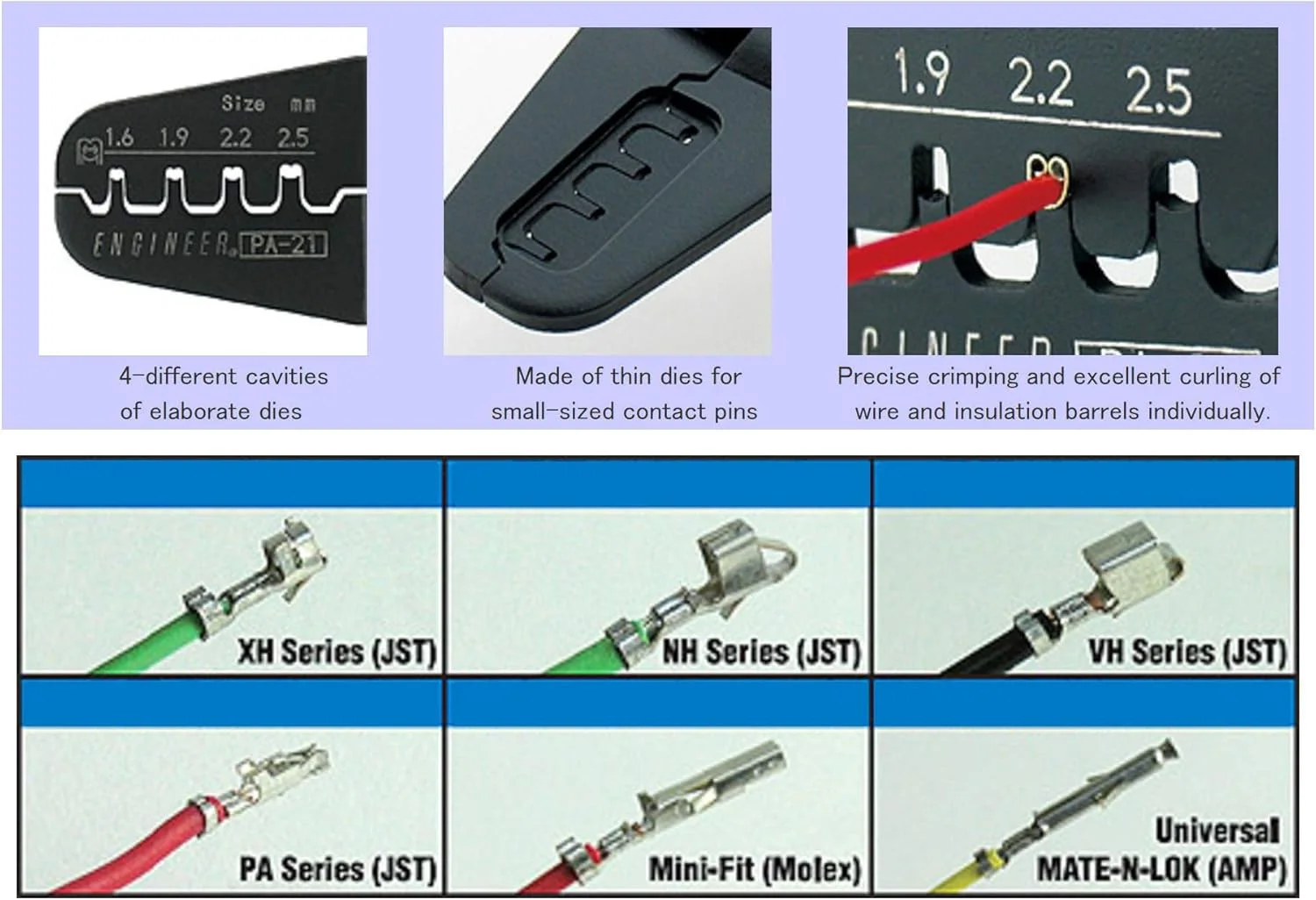 انبر پرس سرسیم وایرشو ENGINEER PA-21 با قابلیت ارتفاع بیشتر، مناسب برای Molex Mini-Fit Jr. و سایر سرسیم‌های عایق‌دار بال بلند، نارنجی، 175 میلی‌متر