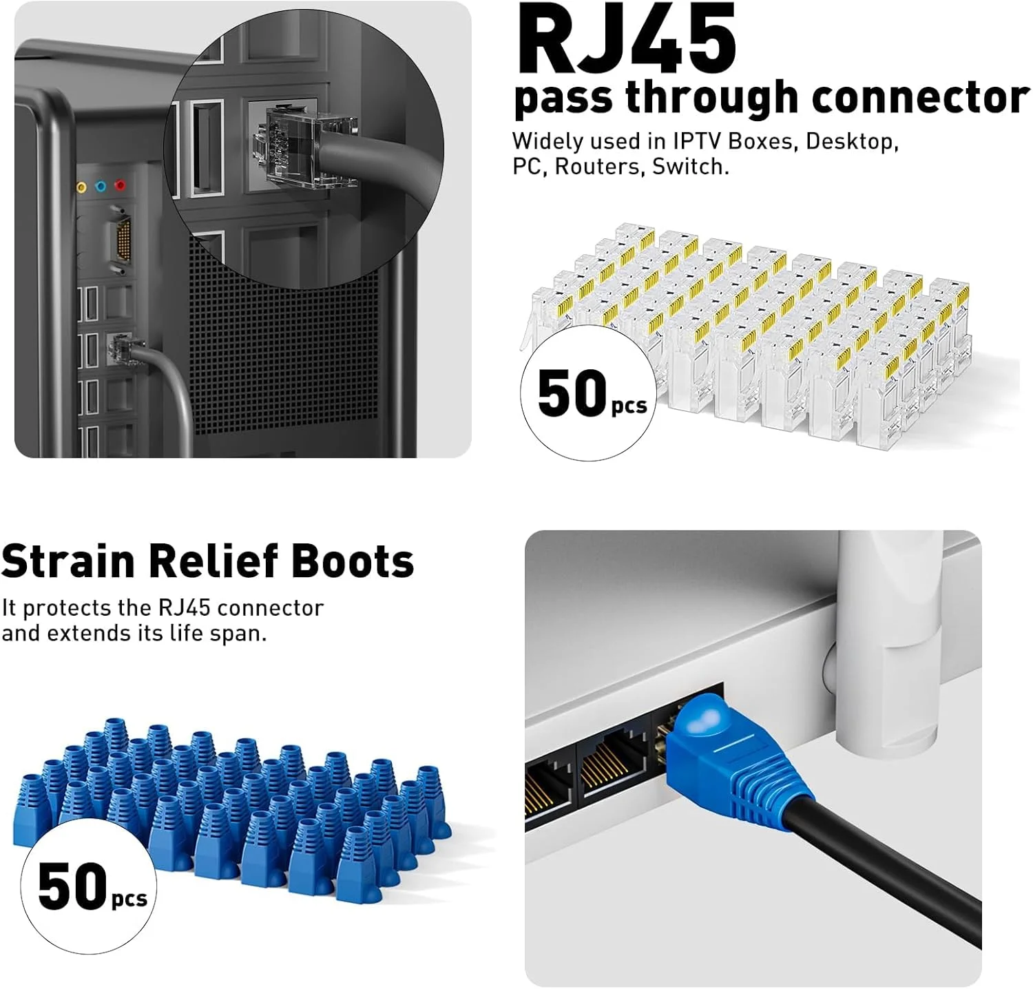 مجموعه ابزار پرس کابل شبکه ZoeRax RJ45، ابزار پرس CAT5 Cat5e Cat6 RJ45 به همراه تستر کابل، سیم لخت کن چند منظوره، تیغه ها، 50 عدد کانکتور Cat 6 و روکش محافظ