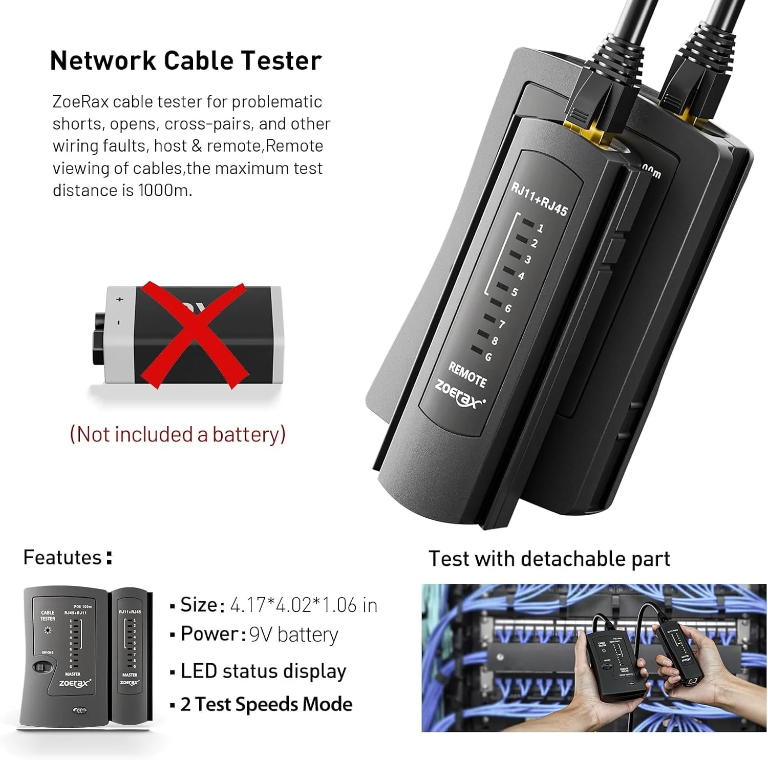 مجموعه ابزار پرس کابل شبکه ZoeRax RJ45، ابزار پرس CAT5 Cat5e Cat6 RJ45 به همراه تستر کابل، سیم لخت کن چند منظوره، تیغه ها، 50 عدد کانکتور Cat 6 و روکش محافظ