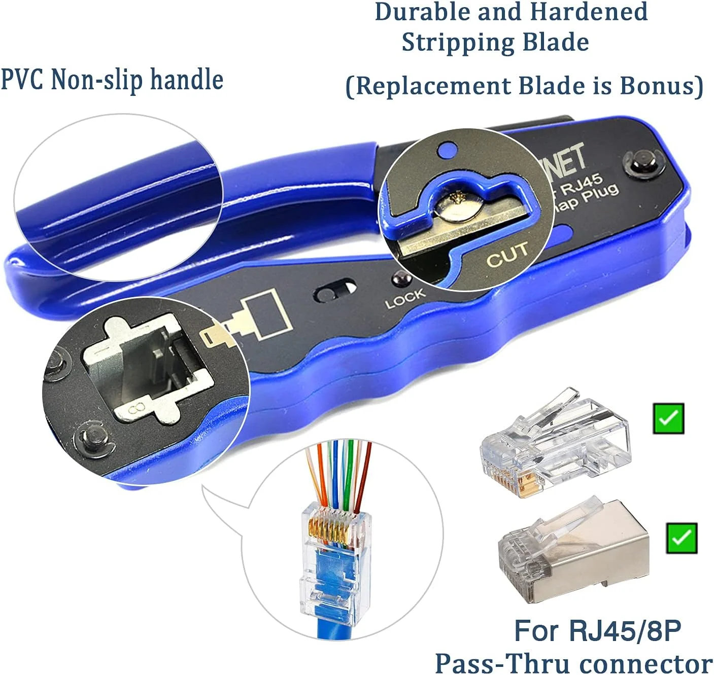ابزار پرس RJ45 VINET، ابزار پرس اترنت، سیم لخت کن و برش دهنده همه کاره برای کانکتورهای Cat6 Cat5e با تیغه های تعویضی