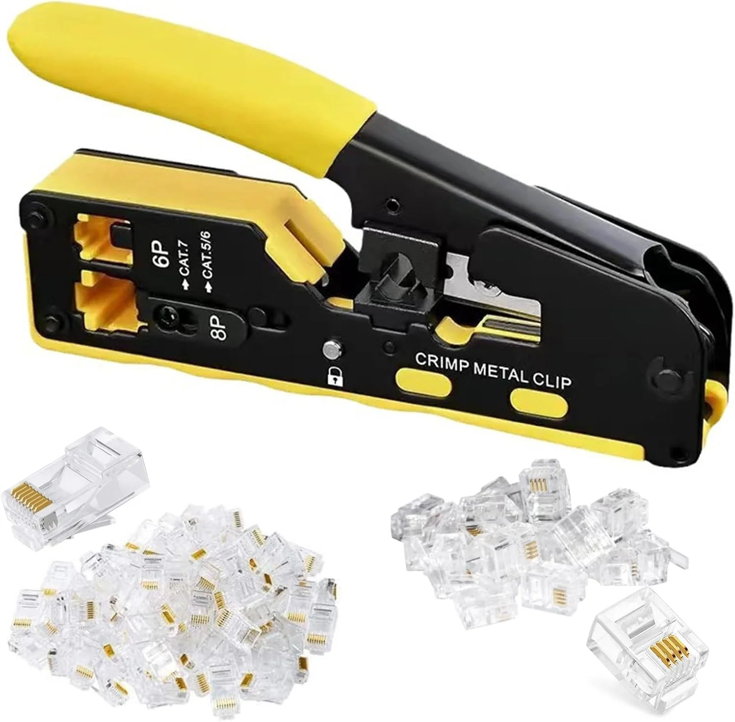 ابزار پرس RJ45 و RJ11، ابزار پرس خط تلفن و اترنت، پرس شبکه Cat5 Cat6 Cat7 و تلفن 6P، همراه با 50 کانکتور شبکه RJ45 و 50 کانکتور تلفن RJ11 (6P4C)