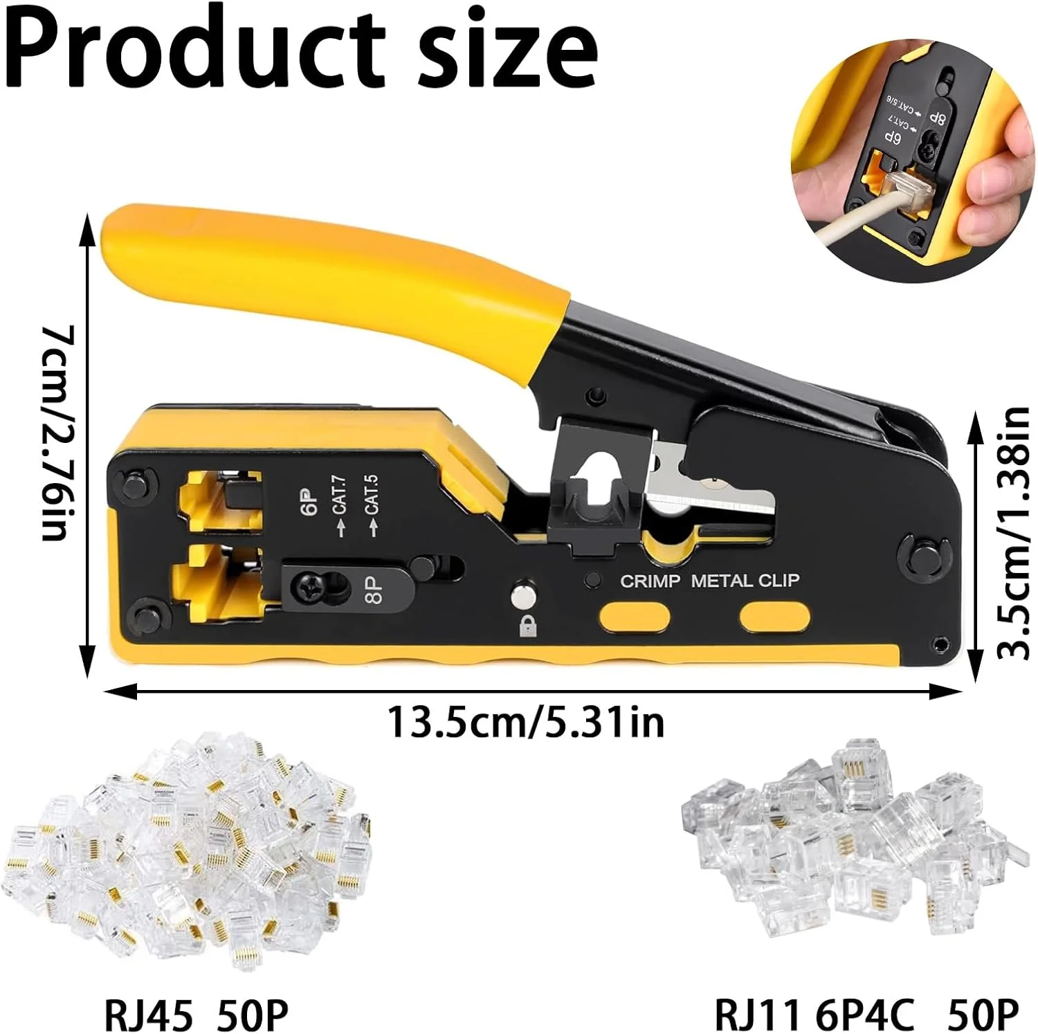 ابزار پرس RJ45 و RJ11، ابزار پرس خط تلفن و اترنت، پرس شبکه Cat5 Cat6 Cat7 و تلفن 6P، همراه با 50 کانکتور شبکه RJ45 و 50 کانکتور تلفن RJ11 (6P4C)