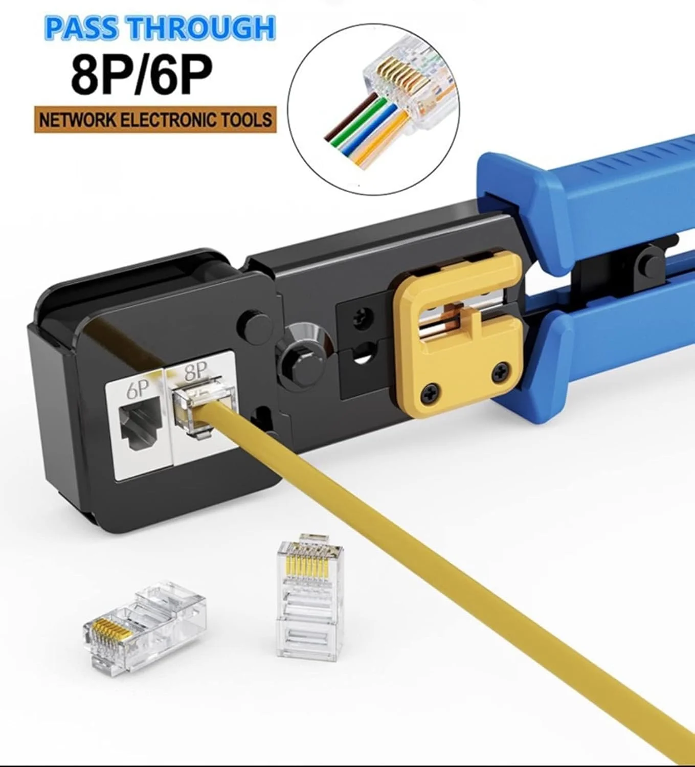 ست ابزار پرس RJ45 اکسفور با کانکتورهای عبوری - پرس کابل اترنت Cat5/5e/Cat6، تستر شبکه و مجموعه سیم لخت کن، شامل 30 عدد کانکتور و روکش CAT6 1.1 میلی متری