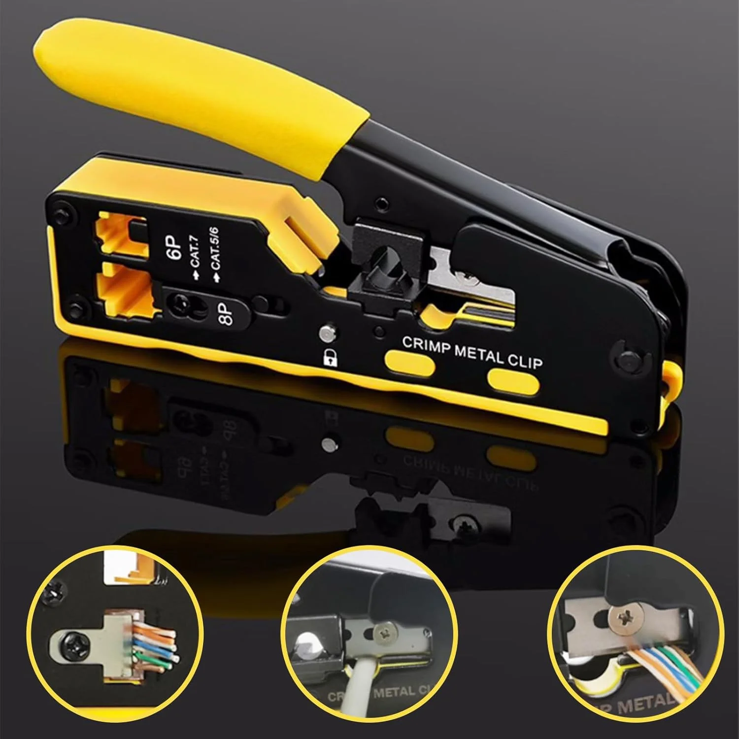 ابزار پرس RJ45 و RJ11، ابزار پرس خط تلفن و اترنت، پرس شبکه Cat5 Cat6 Cat7 و تلفن 6P، همراه با 50 کانکتور شبکه RJ45 و 50 کانکتور تلفن RJ11 (6P4C)