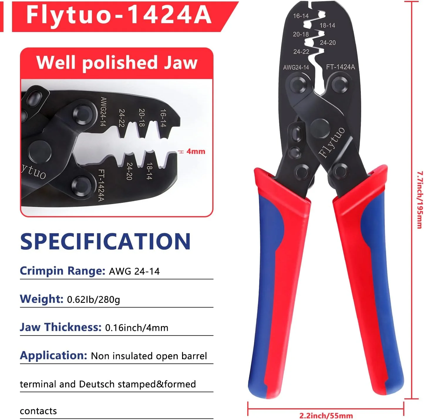 ابزار پرس سرسیم مدل 1424A، ابزار پرس ترمینال سر باز برای ترمینال های فشاری Molex Style DELPHI AMP TYCO Deutsch سایز 24-14 AWG