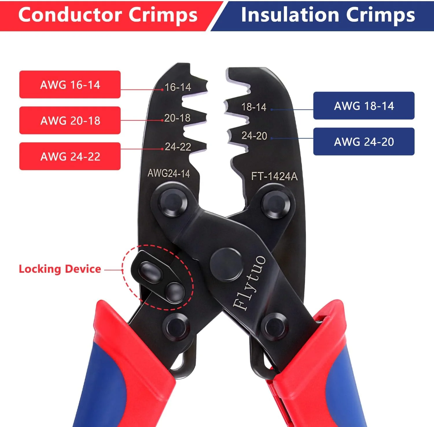 ابزار پرس سرسیم مدل 1424A، ابزار پرس ترمینال سر باز برای ترمینال های فشاری Molex Style DELPHI AMP TYCO Deutsch سایز 24-14 AWG