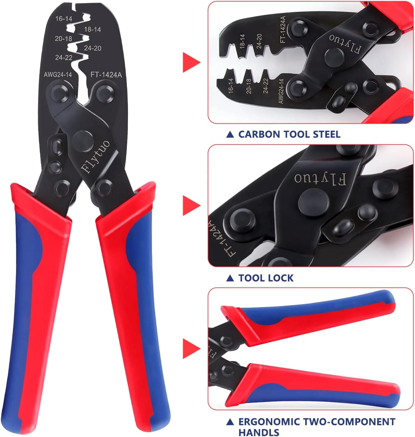 ابزار پرس سرسیم مدل 1424A، ابزار پرس ترمینال سر باز برای ترمینال های فشاری Molex Style DELPHI AMP TYCO Deutsch سایز 24-14 AWG