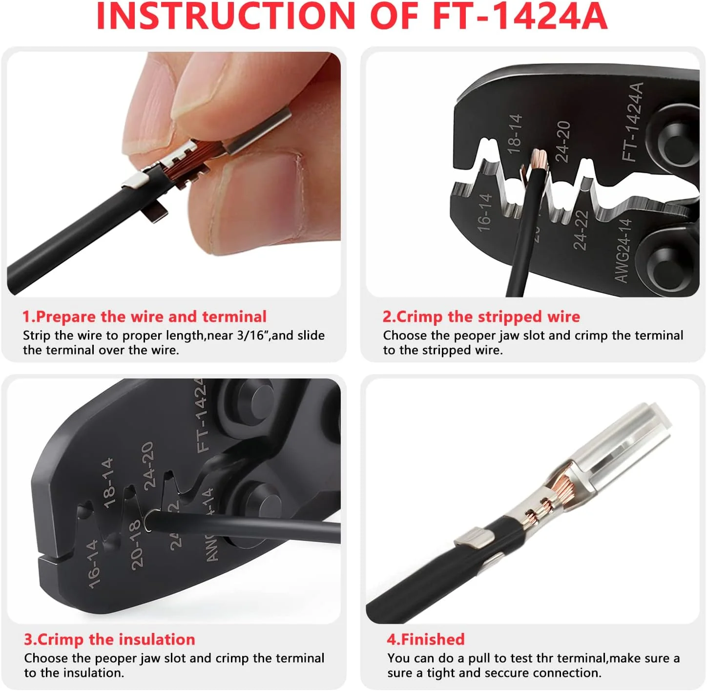 ابزار پرس سرسیم مدل 1424A، ابزار پرس ترمینال سر باز برای ترمینال های فشاری Molex Style DELPHI AMP TYCO Deutsch سایز 24-14 AWG