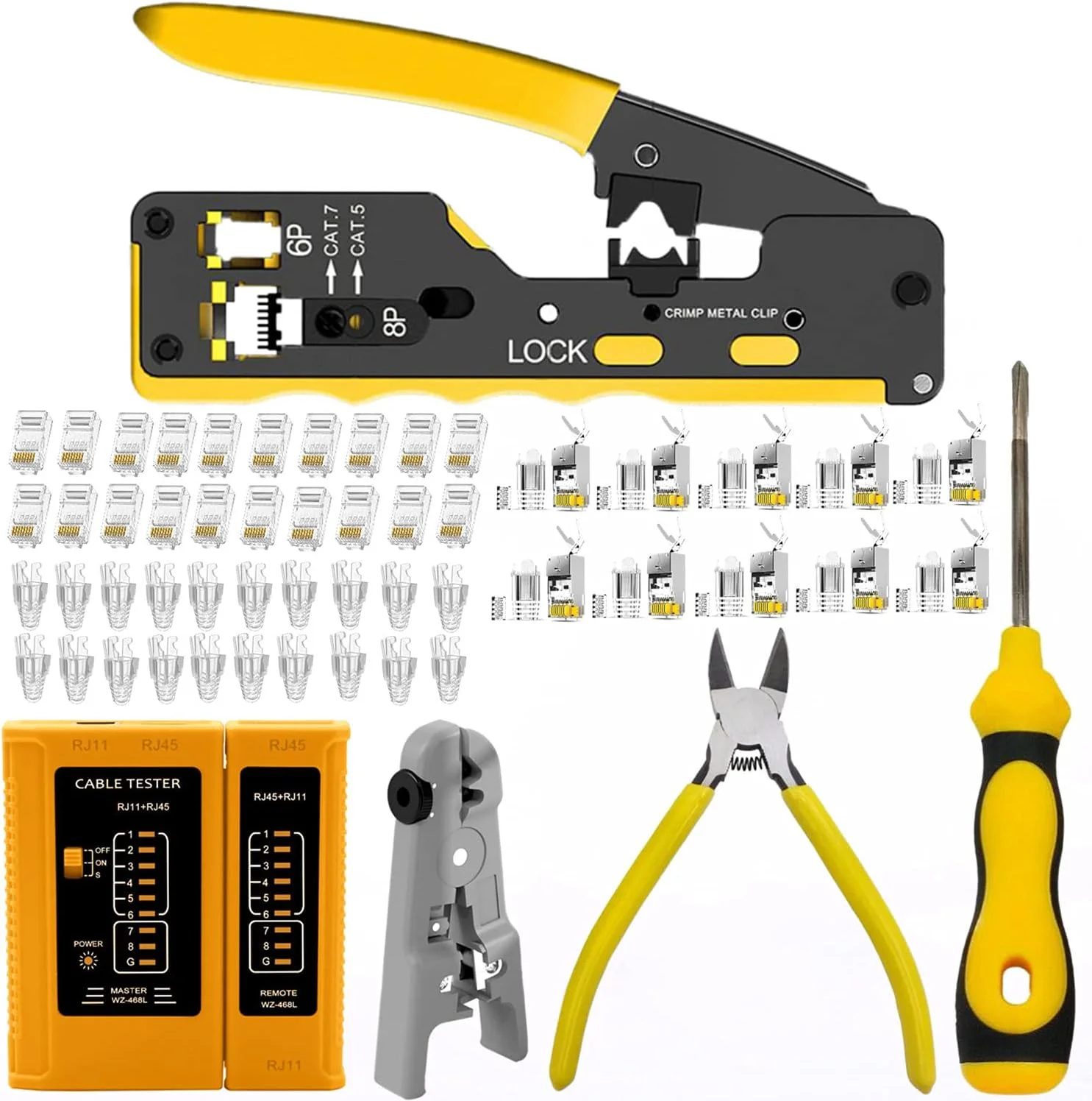 کیت ابزار پرس RJ45، ابزار پرس عبوری Cat7 Cat6A Cat6 Cat5e Cat5 RJ45 با 10 عدد کانکتور محافظ دار Cat7، 10 عدد روکش، 20 عدد کانکتور عبوری Cat6، 20 عدد روکش، تستر شبکه