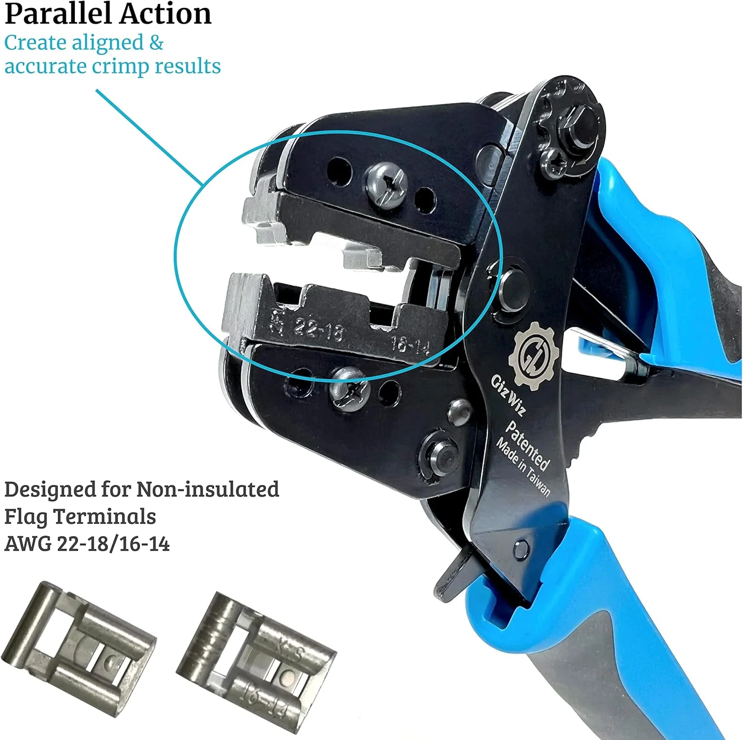 ابزار پرس سرسیم پرچ کن جغجغه ای عملکرد موازی GIZWIZ برای ترمینال های پرچمی غیر عایق AWG 22-14