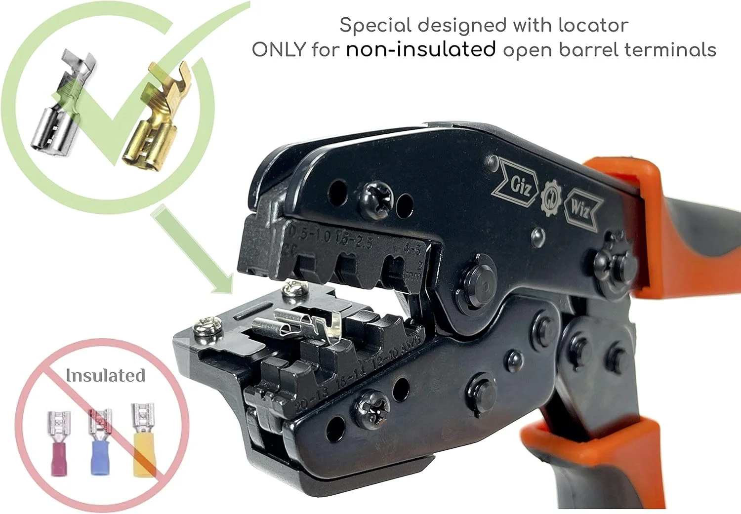 ابزار پرس سرسیم جغجغه ای حرفه ای با موقعیت یاب زبانه برای ترمینال های بدون عایق باز بشکه ای AWG 20-10