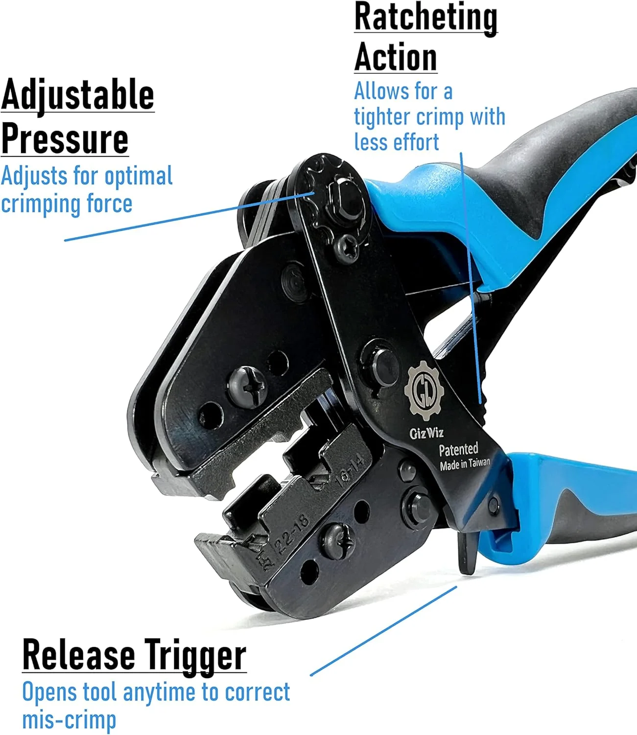 ابزار پرس سرسیم پرچ کن جغجغه ای عملکرد موازی GIZWIZ برای ترمینال های پرچمی غیر عایق AWG 22-14