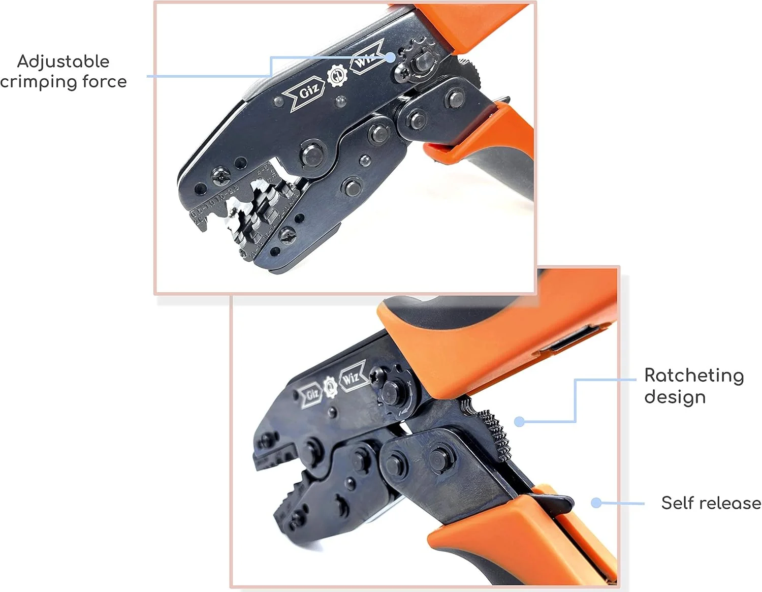 ابزار پرس سرسیم جغجغه ای حرفه ای با موقعیت یاب زبانه برای ترمینال های بدون عایق باز بشکه ای AWG 20-10
