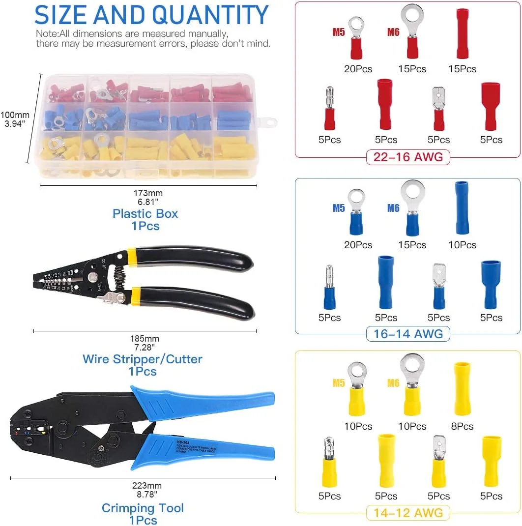 انبر پرس سرسیم خود تنظیم شونده جغجغه ای حرفه ای Glarks AWG 22-10 و مجموعه ابزار سیم لخت کن به همراه 183 قطعه اتصالات ترمینال عایق