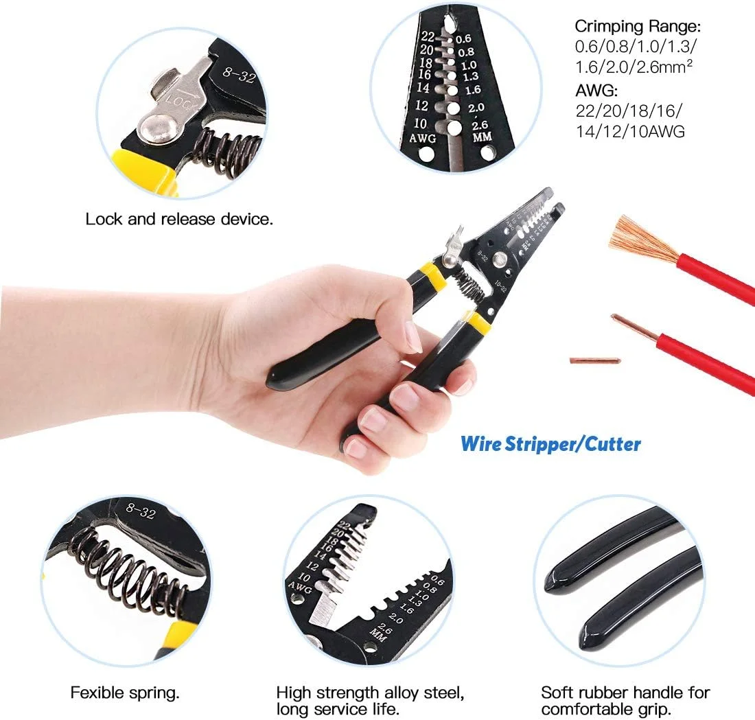 انبر پرس سرسیم خود تنظیم شونده جغجغه ای حرفه ای Glarks AWG 22-10 و مجموعه ابزار سیم لخت کن به همراه 183 قطعه اتصالات ترمینال عایق