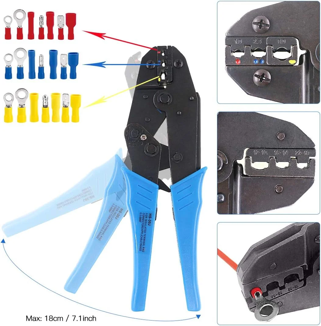 انبر پرس سرسیم خود تنظیم شونده جغجغه ای حرفه ای Glarks AWG 22-10 و مجموعه ابزار سیم لخت کن به همراه 183 قطعه اتصالات ترمینال عایق