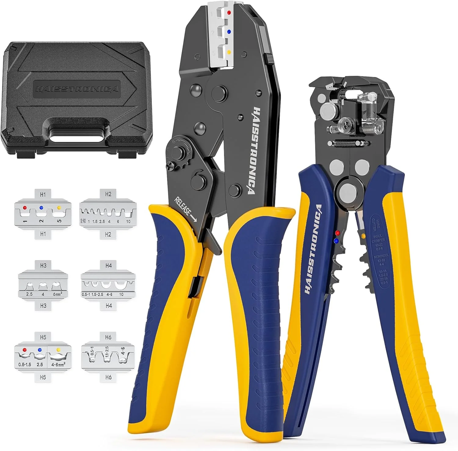ست ابزار پرس 6 در 1 haisstronica و سیم لخت کن، ابزار پرس سیم جغجغه ای با 6 قالب قابل تعویض برای اتصالات حرارتی، غیر عایق، سرسیم، بشکه باز، اتصالات عایق، هدیه ابزار مردانه