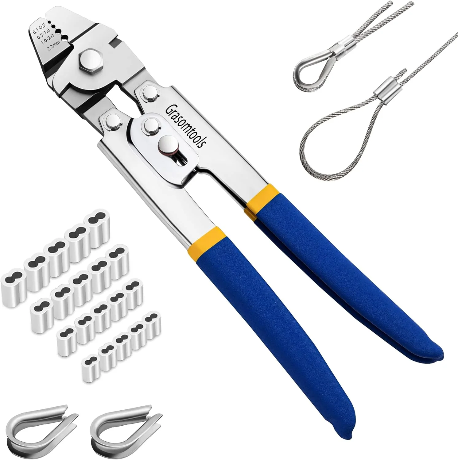 ابزار پرس سیم بکسل تا قطر 2.2 میلی‌متر به همراه 160 عدد بست آلومینیومی دو لول در 4 سایز و 15 عدد انگشتی استیل