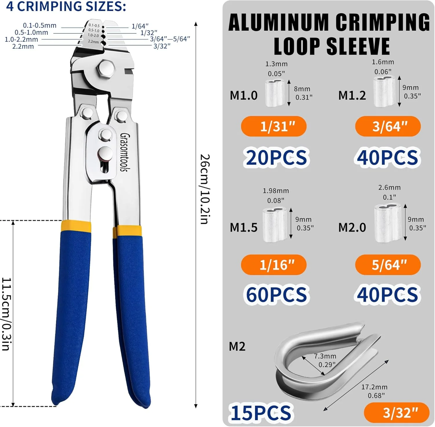 ابزار پرس سیم بکسل تا قطر 2.2 میلی‌متر به همراه 160 عدد بست آلومینیومی دو لول در 4 سایز و 15 عدد انگشتی استیل