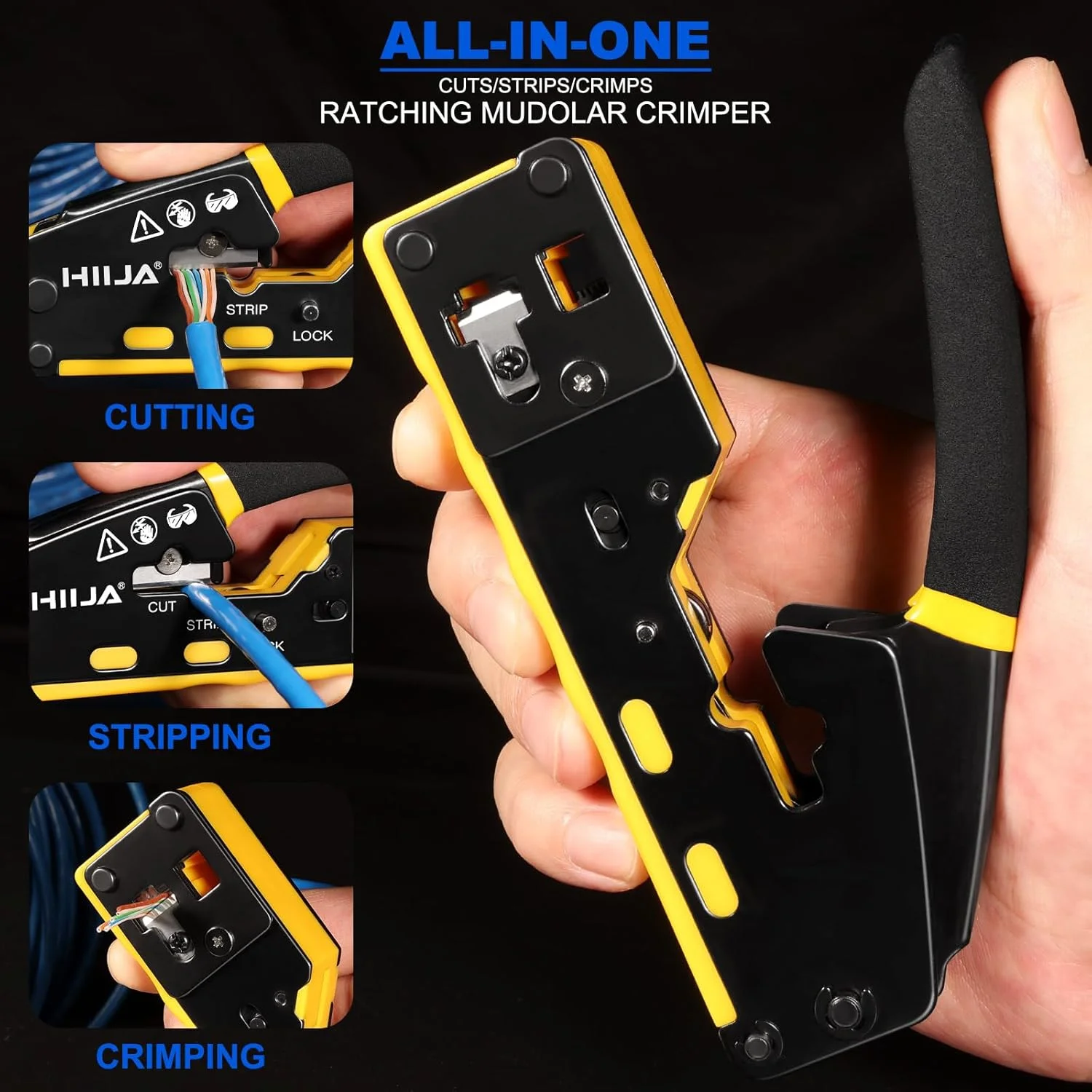 ابزار پرس RJ45 Hiija، ابزار پرس Cat6 عبوری، ابزار همه کاره پرس اترنت با تستر کابل شبکه، 50 عدد کانکتور Cat6، 50 عدد روکش، سیم لخت کن کوچک