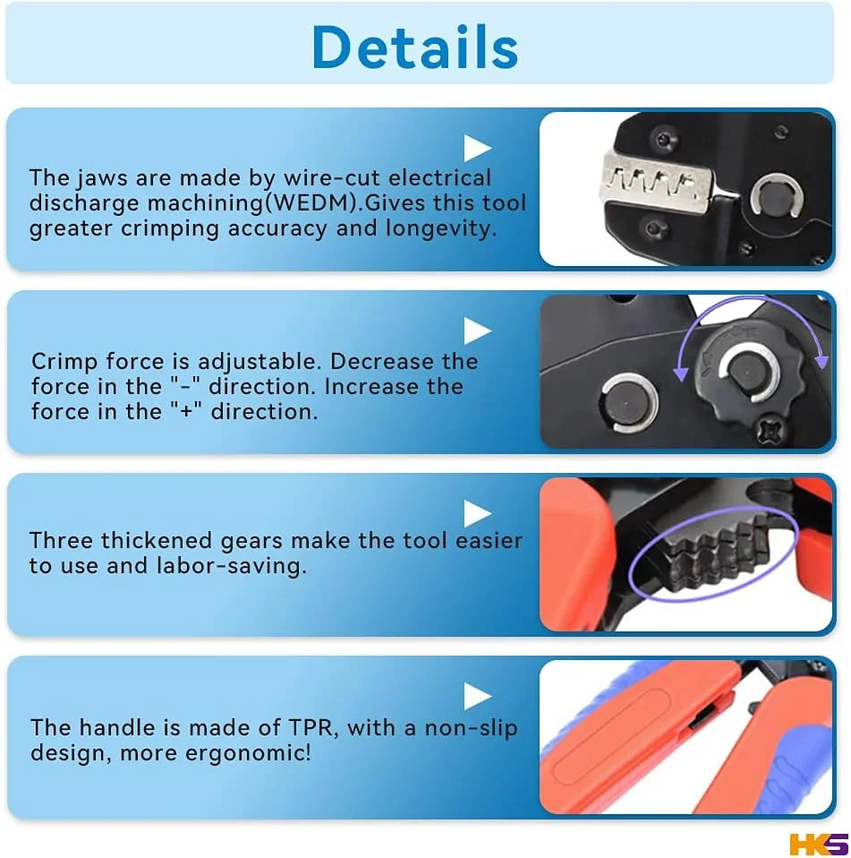 ست ابزار پرس سرسیم HKS جغجغه ای 11 تکه با فک های قابل تعویض برای Dupont JST MOLEX - ترمینال های بشکه باز، سرسیم های عایق دار و بدون عایق، ترمینال ها و اتصالات لب به لب، اتصالات خورشیدی و کواکسیال