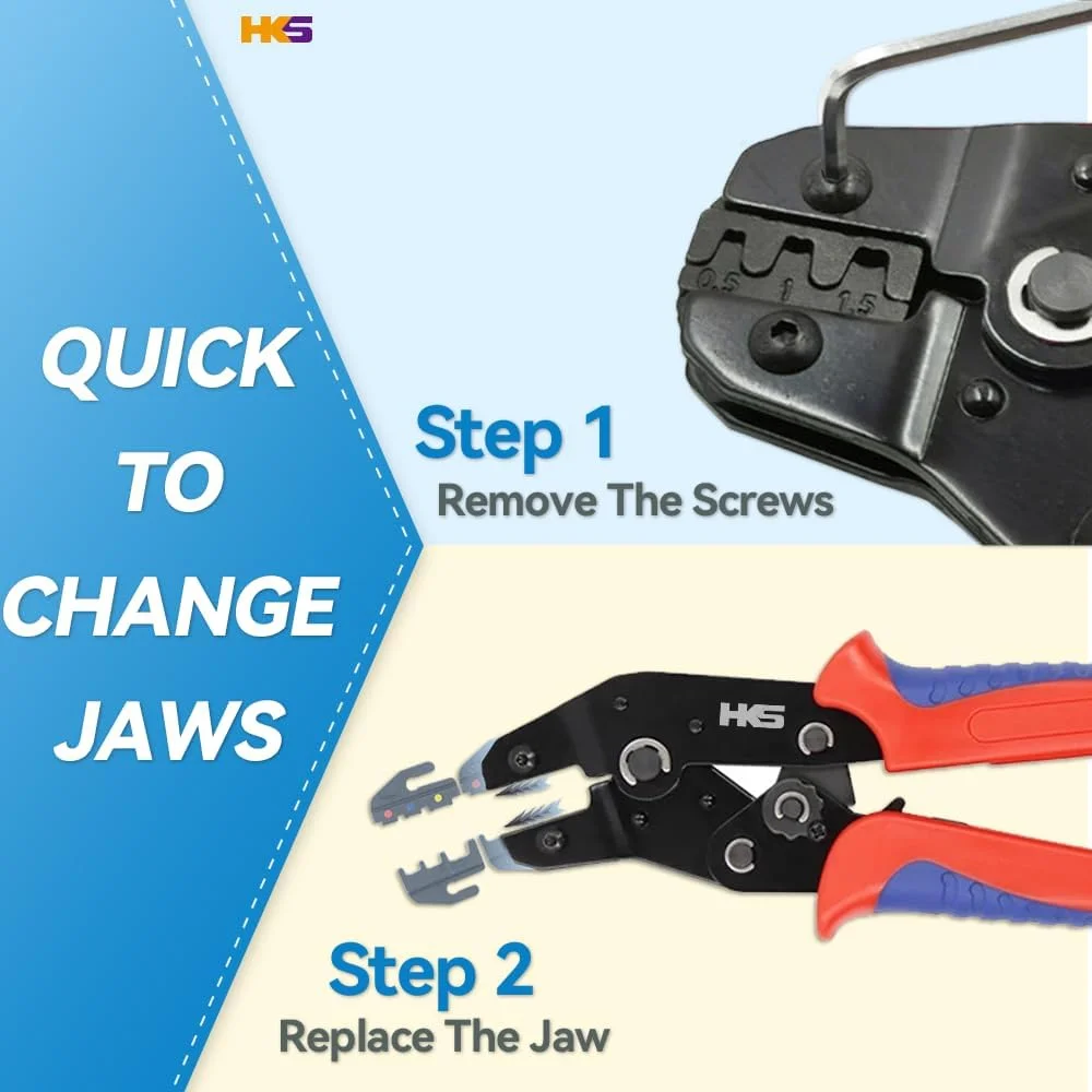 ست ابزار پرس سرسیم HKS جغجغه ای 11 تکه با فک های قابل تعویض برای Dupont JST MOLEX - ترمینال های بشکه باز، سرسیم های عایق دار و بدون عایق، ترمینال ها و اتصالات لب به لب، اتصالات خورشیدی و کواکسیال