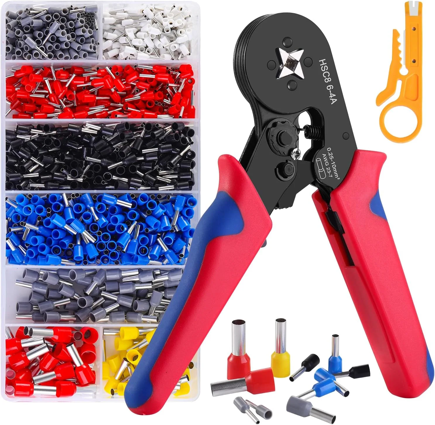 مجموعه ابزار پرس سرسیم، انبر پرس 0.25-10 میلی‌متر مربع به همراه 1200 کانکتور سیم، ابزار پرس کابل خود تنظیم شونده جغجغه‌ای AWG 23-7 برای تعمیرات الکتریکی و پرس کابل DIY