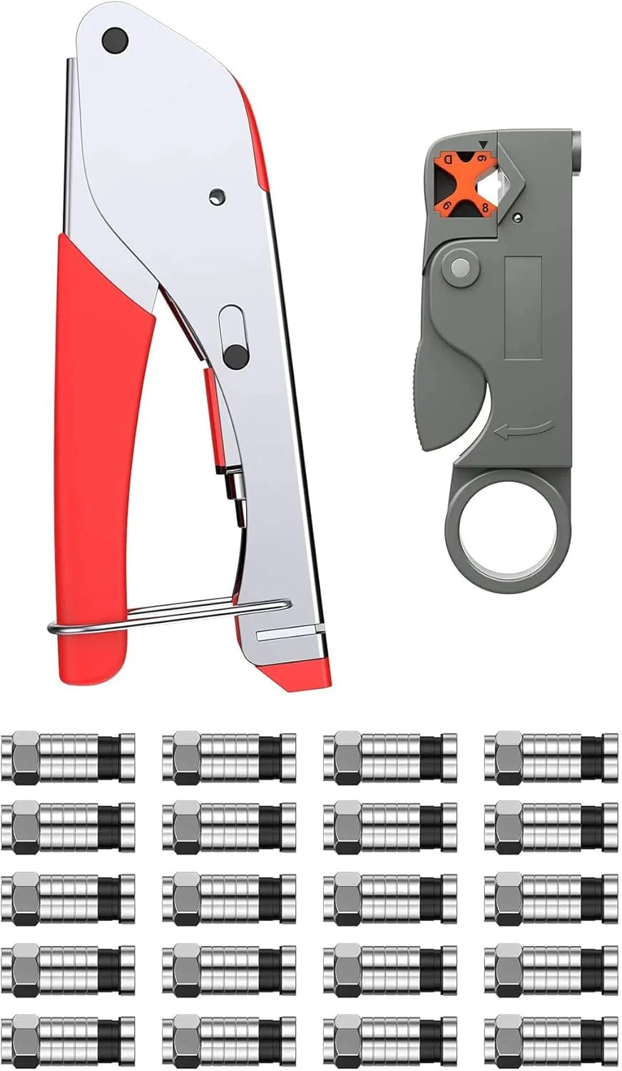 ست انبر پرس Hsthe Sea، انبر پرس، ابزار پرس، ست اتصال F، ابزار لخت کردن، سیم لخت کن کابل کواکسیال RG59/RG6 با 20 عدد اتصال F فشاری برای کابل SAT کابل کواکسیال