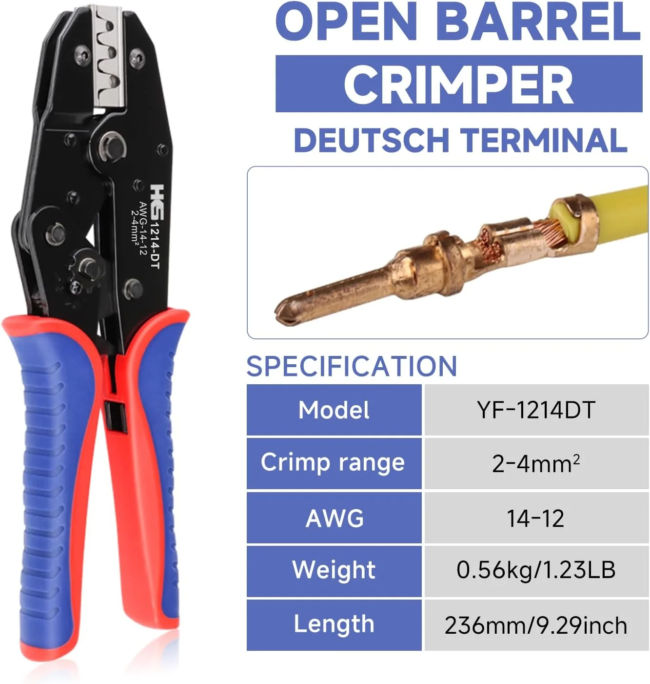 ابزار پرس سرسیم HKS Deutsch مدل (YF-1214DT) برای اتصالات Deutsch DT با سایز سیم 12-14AWG ابزار پرس سرسیم HKS Deutsch مدل (YF-1214DT) برای اتصالات Deutsch DT با سایز سیم 12-14AWG