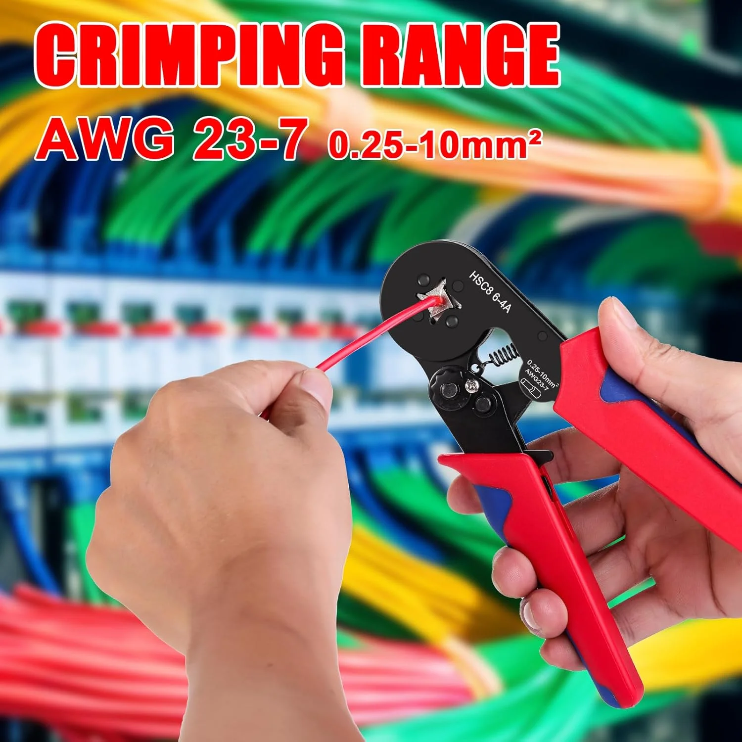مجموعه ابزار پرس سرسیم، انبر پرس 0.25-10 میلی‌متر مربع به همراه 1200 کانکتور سیم، ابزار پرس کابل خود تنظیم شونده جغجغه‌ای AWG 23-7 برای تعمیرات الکتریکی و پرس کابل DIY