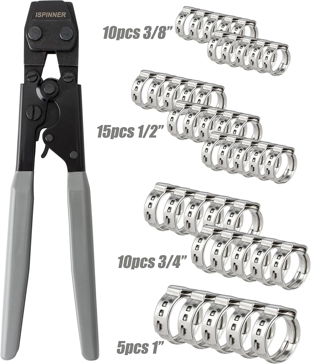 ابزار پرس PEX، ابزار پرس بست PEX برای بست های استیل ضد زنگ PEX از 3/8 اینچ تا 1 اینچ، به همراه 40 عدد حلقه پرس PEX 3/8 اینچ، 1/2 اینچ، 3/4 اینچ، 1 اینچ