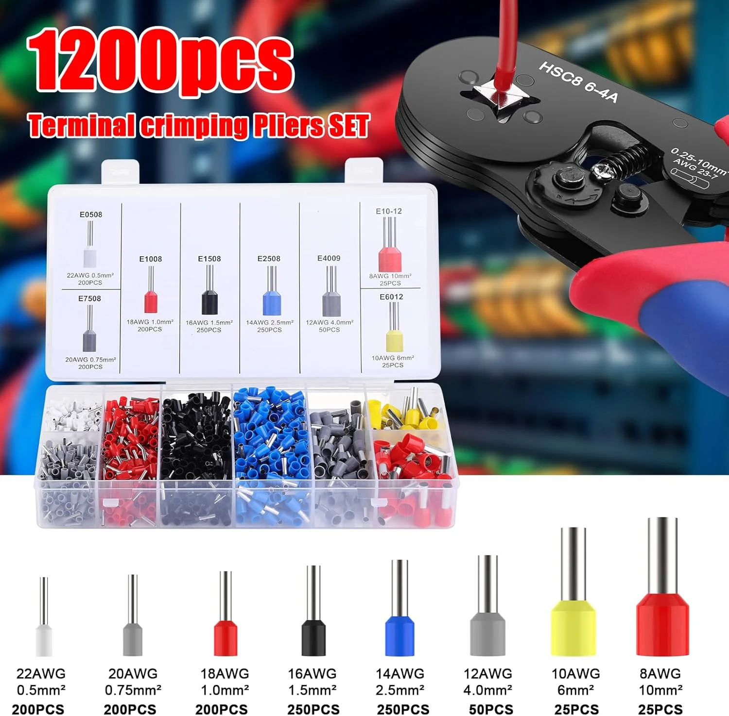 مجموعه ابزار پرس سرسیم، انبر پرس 0.25-10 میلی‌متر مربع به همراه 1200 کانکتور سیم، ابزار پرس کابل خود تنظیم شونده جغجغه‌ای AWG 23-7 برای تعمیرات الکتریکی و پرس کابل DIY