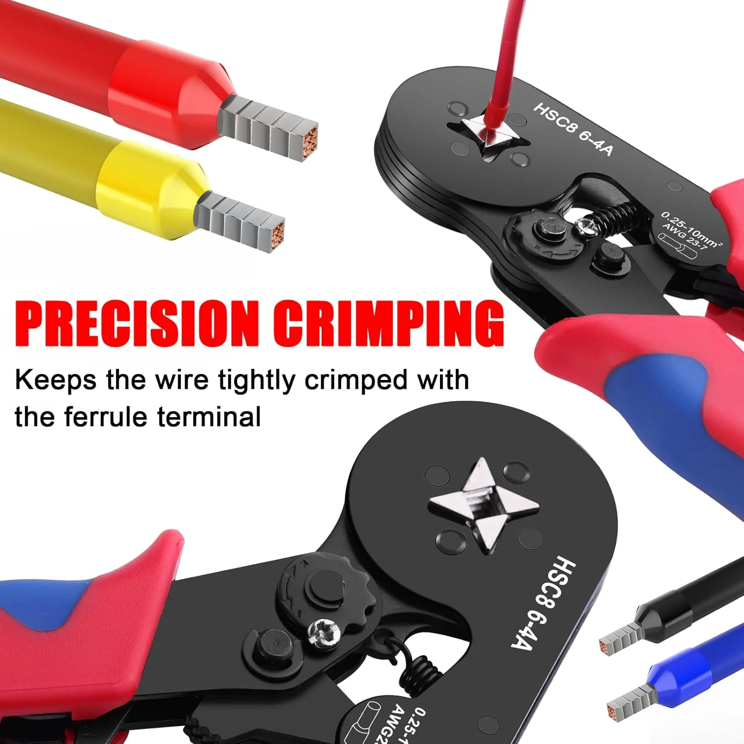 مجموعه ابزار پرس سرسیم، انبر پرس 0.25-10 میلی‌متر مربع به همراه 1200 کانکتور سیم، ابزار پرس کابل خود تنظیم شونده جغجغه‌ای AWG 23-7 برای تعمیرات الکتریکی و پرس کابل DIY