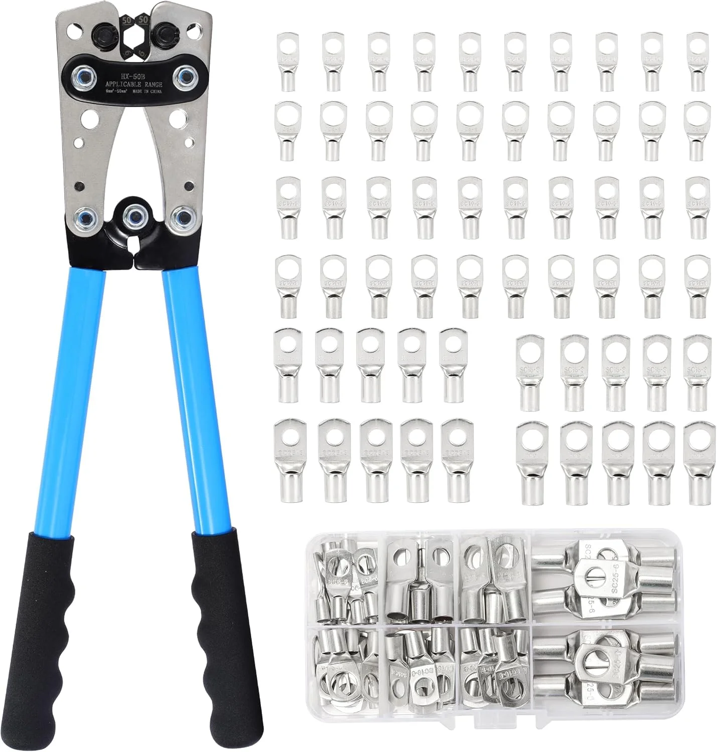 مجموعه ابزار پرس کابل باتری TERRIFI، AWG 1/0-8 به همراه 60 عدد ترمینال حلقه ای مسی، 8 سایز، ابزار پرس سرسیم سنگین برای سرسیم های کابل، ترمینال های باتری، سرسیم های مسی