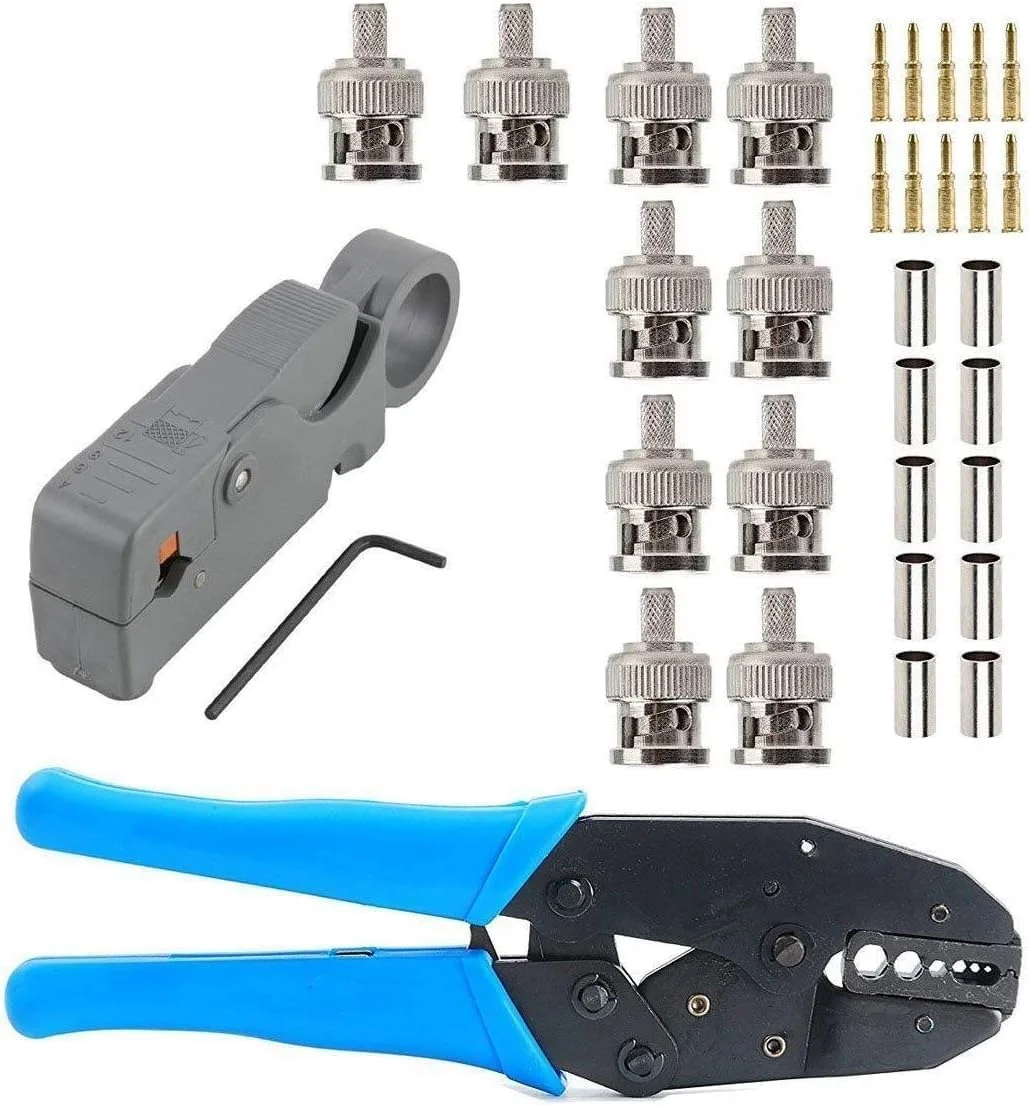 مجموعه ابزار پرس کواکسیال RF/BNC مدل JAHLGT شامل ابزار پرس و 10 عدد کانکتور BNC مناسب کابل های RG58 / RG59 / RG6