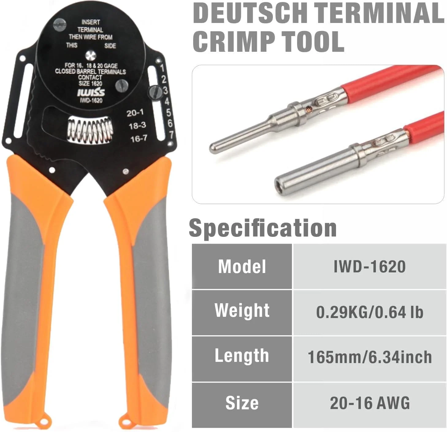 ابزار پرس سرسیم مدل IWD-1620 برای کانکتورهای دویچ، مناسب برای پرس اتصالات استوانه ای و کانکتورهای گرد، سایز سیم AWG16-20 ابزار پرس سرسیم مدل IWD-1620 برای کانکتورهای دویچ، مناسب برای پرس اتصالات استوانه ای و کانکتورهای گرد، سایز سیم AWG16-20