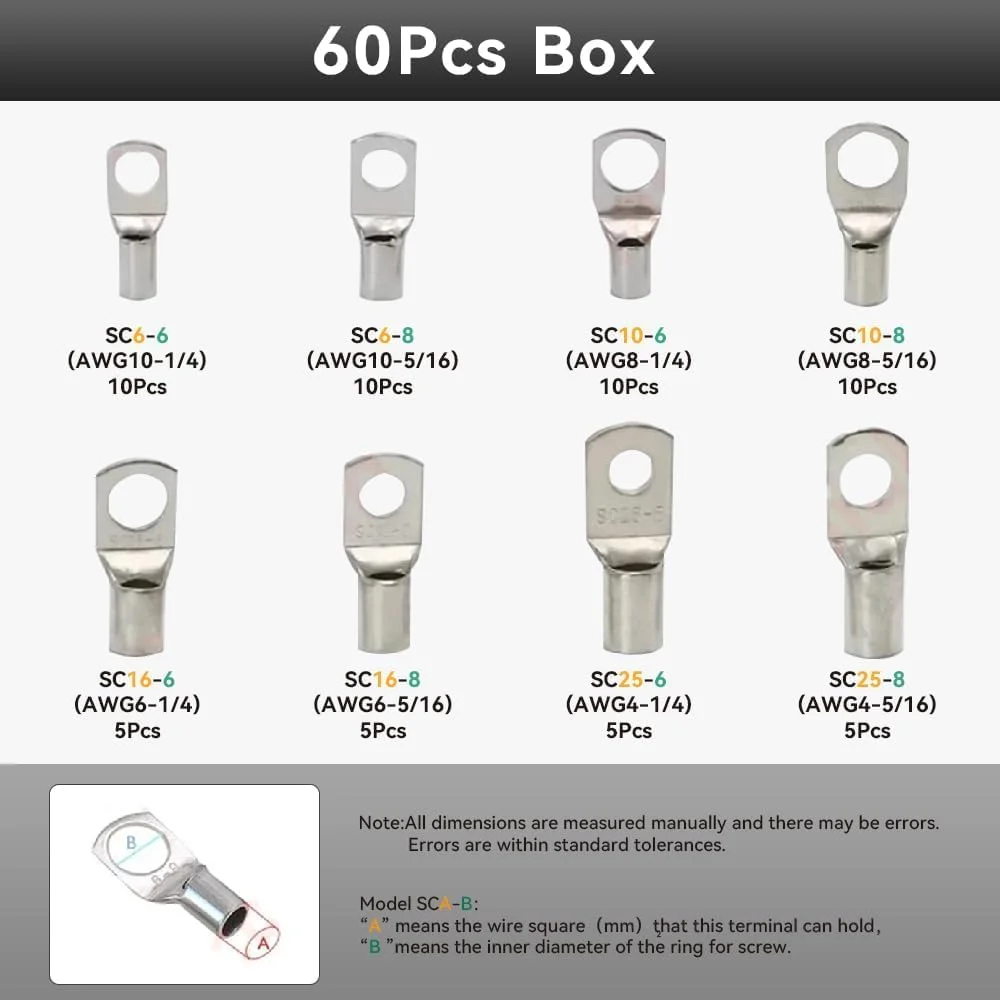 مجموعه ابزار پرس کابل باتری TERRIFI، AWG 1/0-8 به همراه 60 عدد ترمینال حلقه ای مسی، 8 سایز، ابزار پرس سرسیم سنگین برای سرسیم های کابل، ترمینال های باتری، سرسیم های مسی