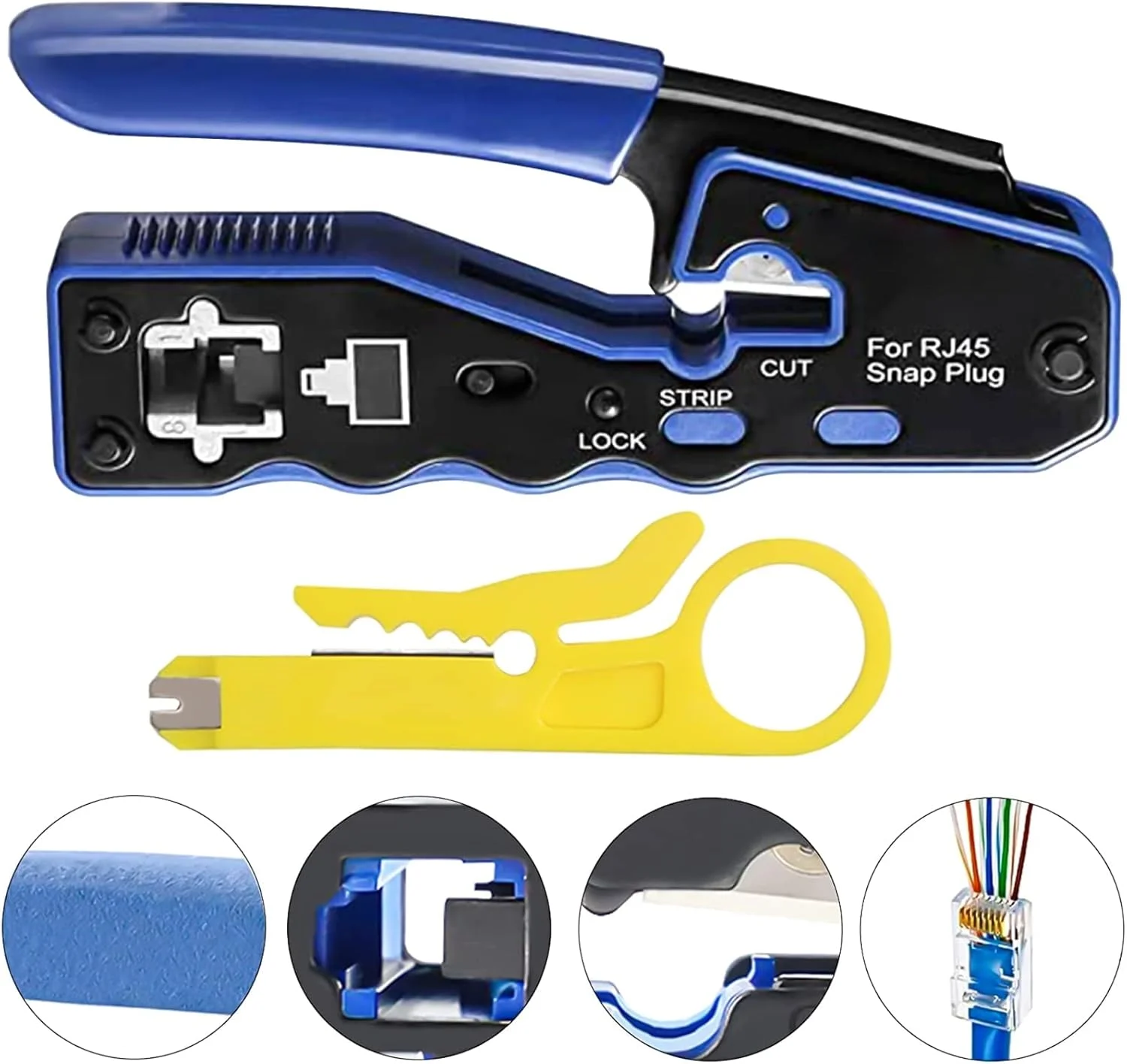 ابزار پرس RJ45، کیت ابزار پرس RJ45، ابزار پرس عبوری RJ45 با 50 عدد کانکتور عبوری CAT6، 50 عدد روکش محافظ RJ45 Cat6 و انبر سیم لخت کن کوچک