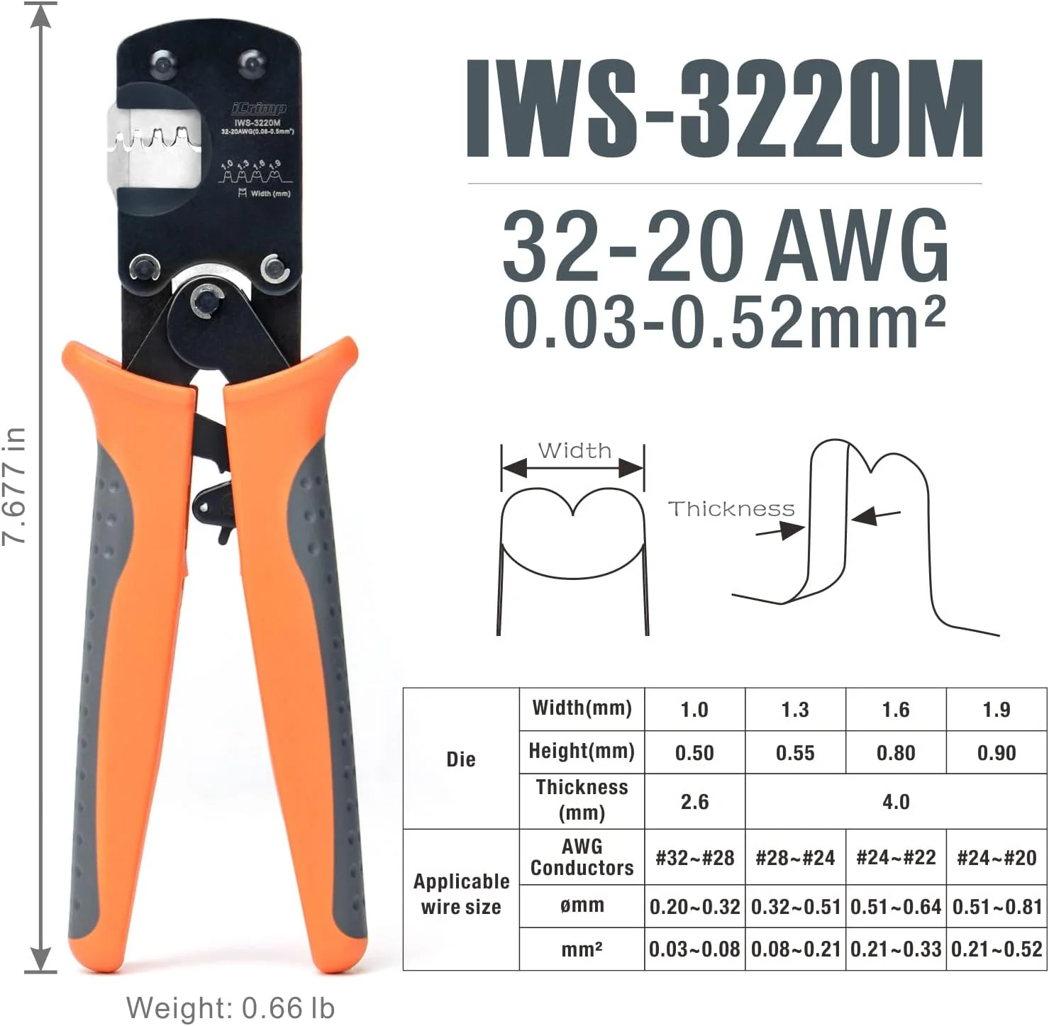 ابزار پرس سرسیم کانکتورهای کوچک IWISS IWS-3220M با ظرفیت 0.03-0.52mm² (32-20AWG) مناسب برای D-Sub، Open Barrel و سازگار با Molex، JST، JAE، TYCO-E