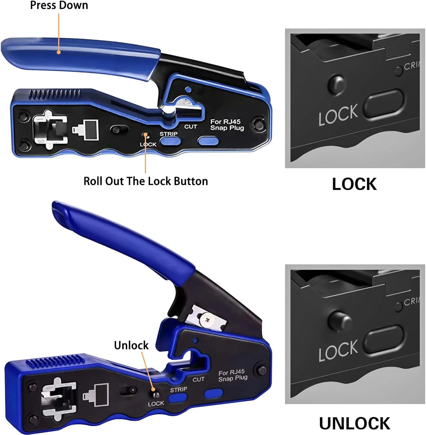 ابزار پرس RJ45، کیت ابزار پرس RJ45، ابزار پرس عبوری RJ45 با 50 عدد کانکتور عبوری CAT6، 50 عدد روکش محافظ RJ45 Cat6 و انبر سیم لخت کن کوچک